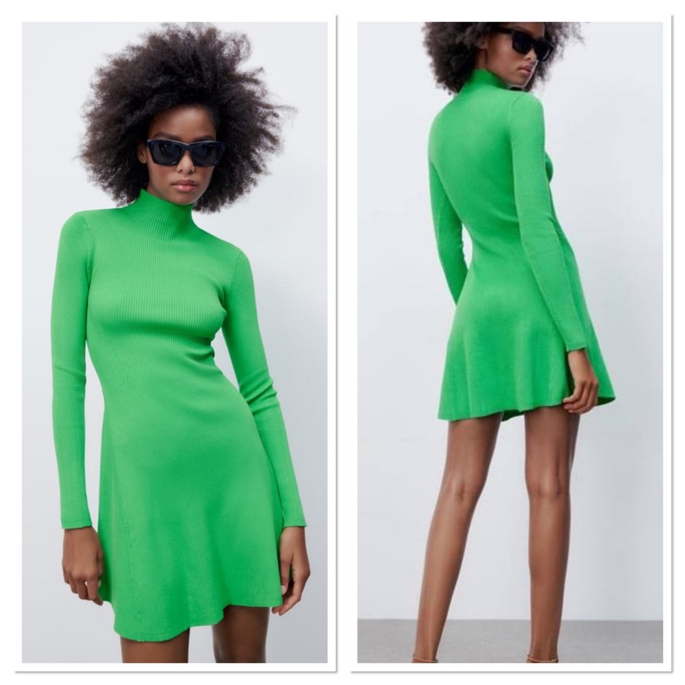 ZARA Long sleeve Ribbed Mock Neck Knit Mini Dress in Bright Green /Size S